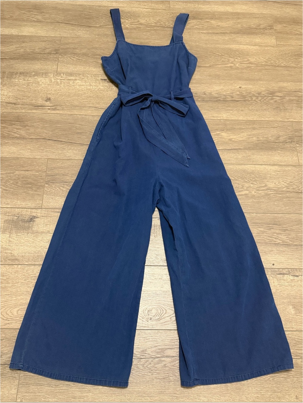 American Eagle Square Neck Jumpsuit Wide Leg Blue Pockets 100% Cotton Sz 4 NWT